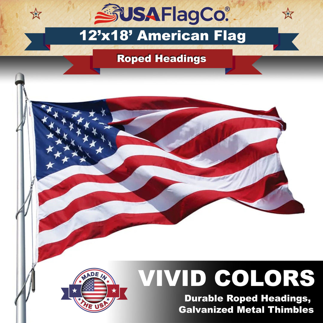 Bestselling 12x18 ft Made in USA American flag with embroidered stars and sewn stripes.