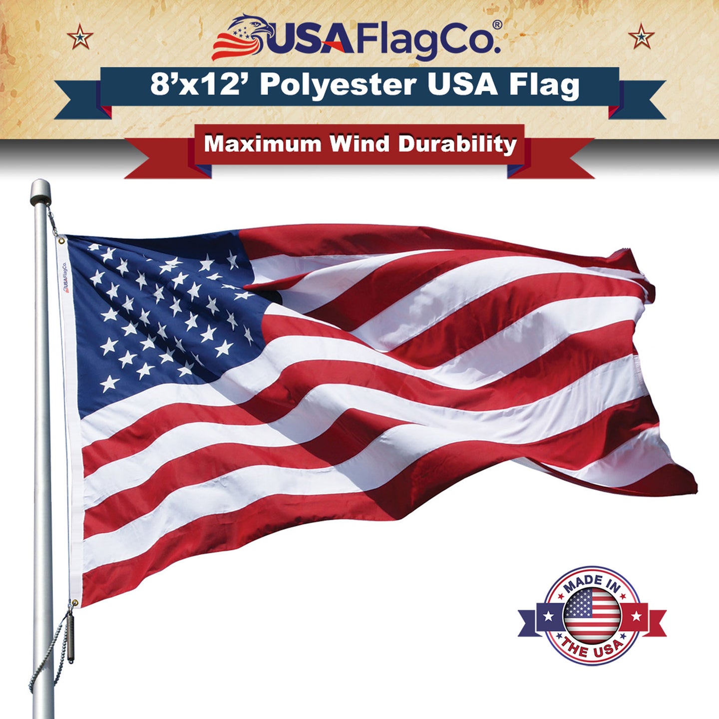 8x12 ft Polyester American flag waving - durable 2-ply all-weather material.