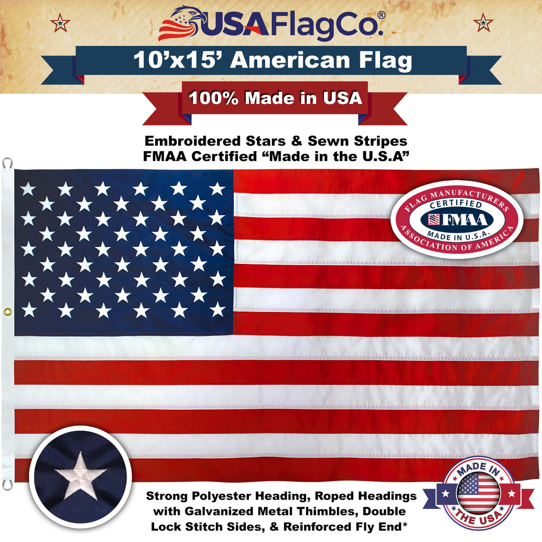Reinforced six-point fly end stitching on durable nylon American flag