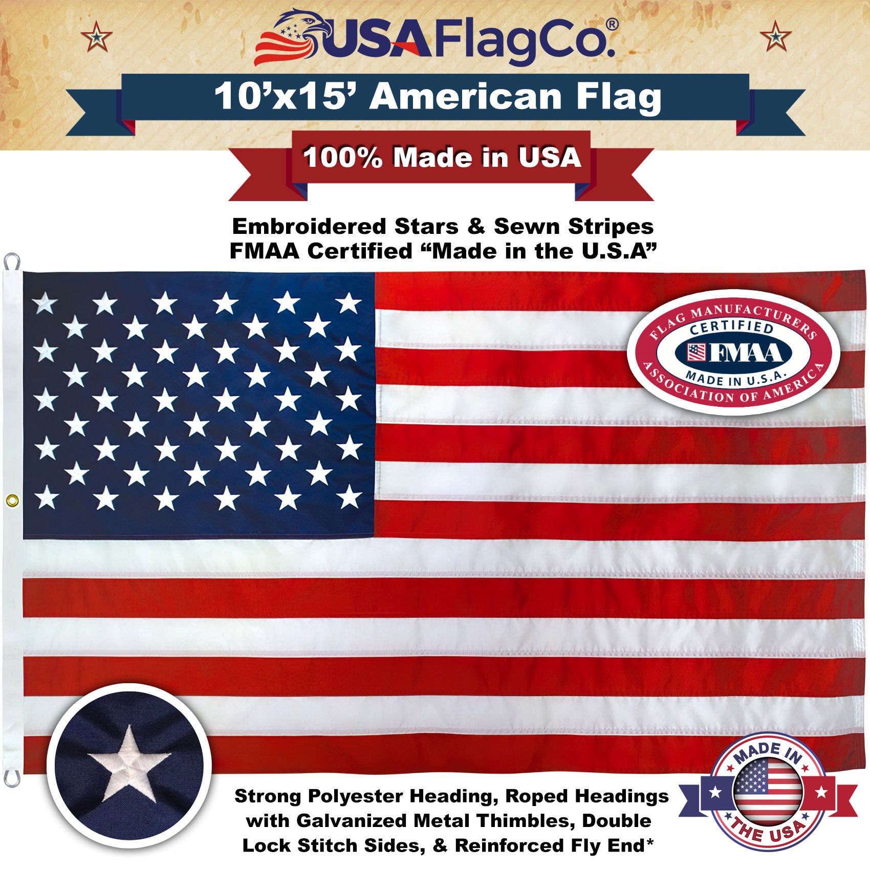 Reinforced six-point fly end stitching on durable nylon American flag