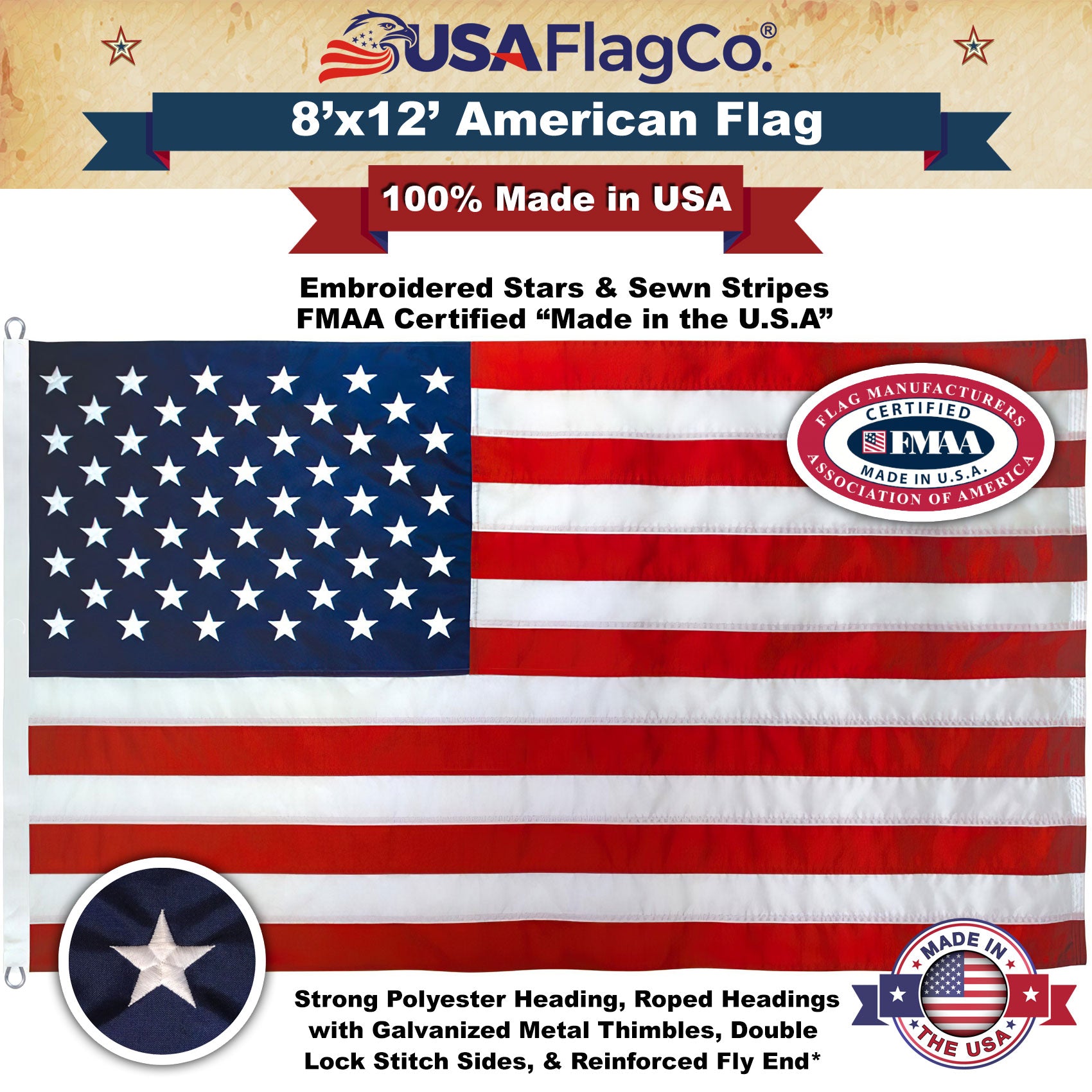 US Made 8x12 foot American flag showing premium quality