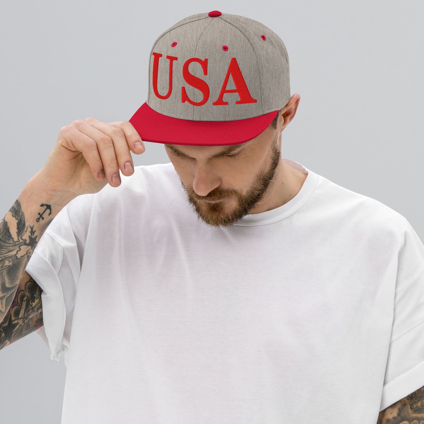 Snapback Hat - Red Embroidered USA Text