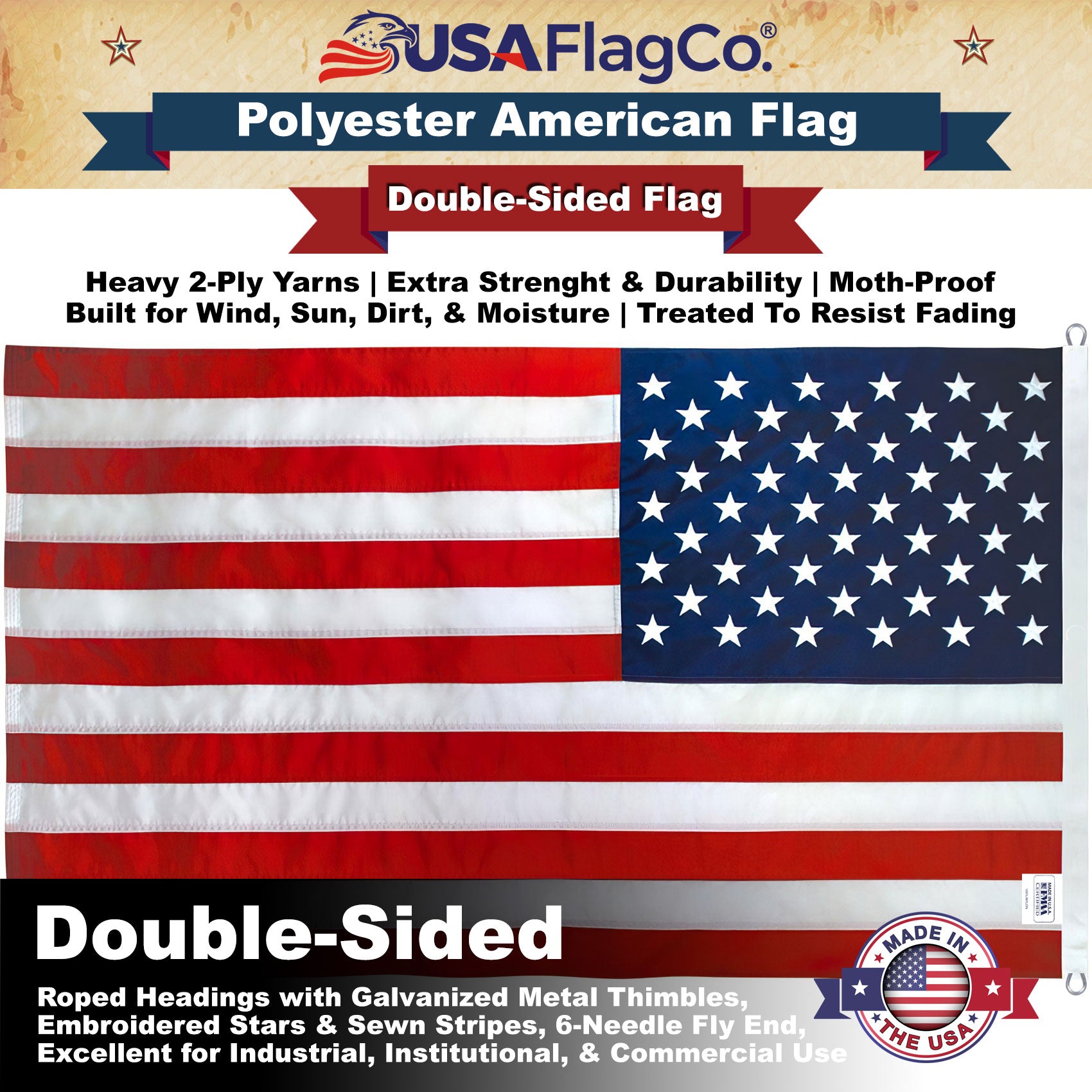 Heavy-duty 8x12 polyester US flag - ideal for high wind and all-weather display.