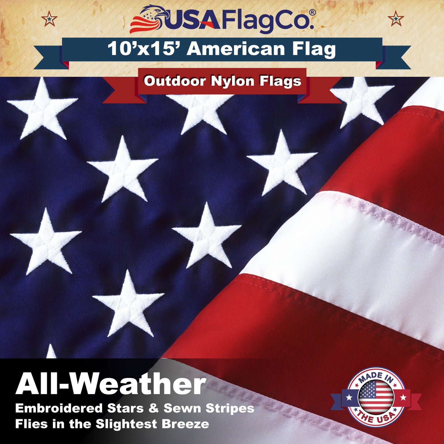 Close-up embroidered stars on premium Made in USA American flag