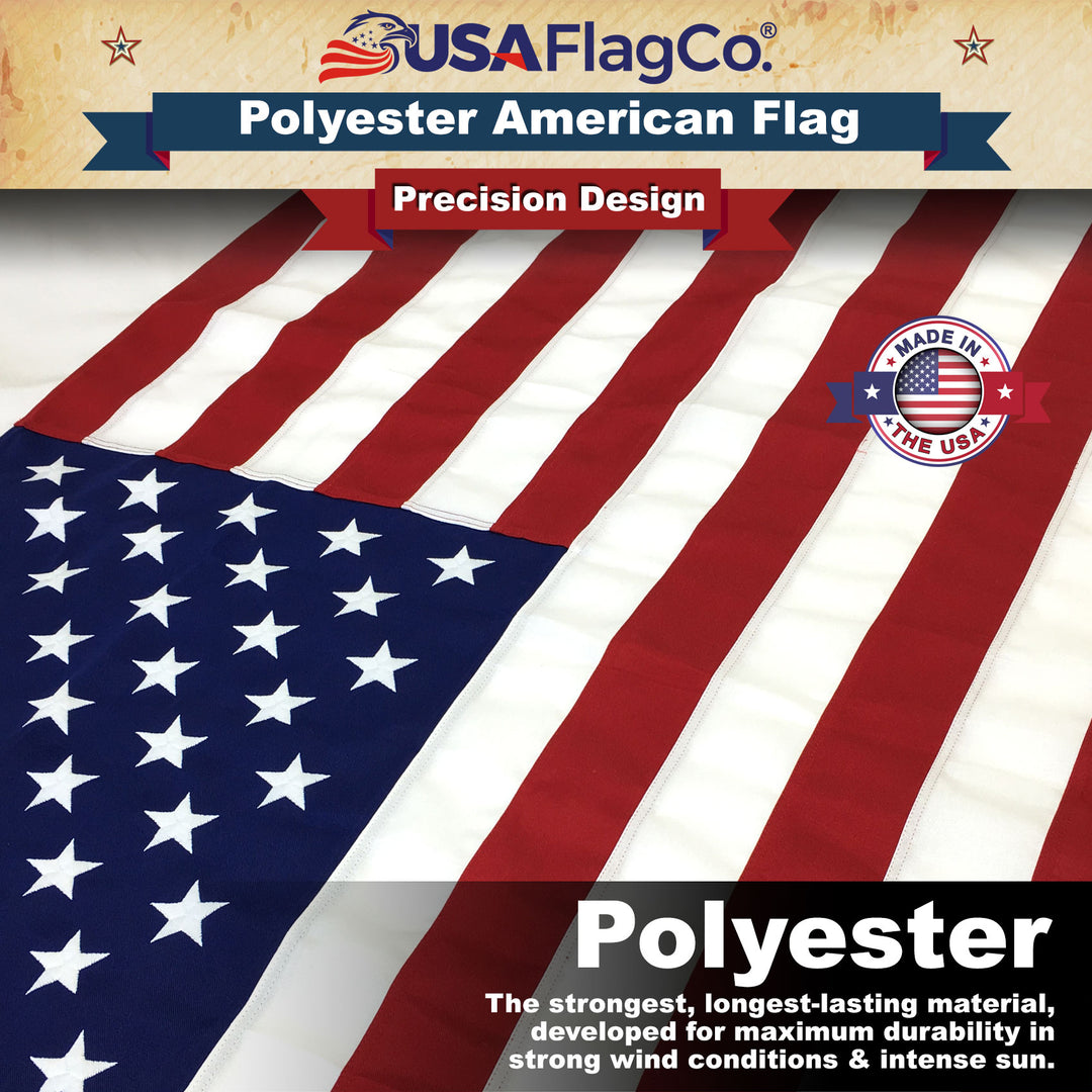 Close-up of densely embroidered stars on heavy-duty polyester US flag.