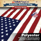 Close-up of densely embroidered stars on heavy-duty polyester US flag.