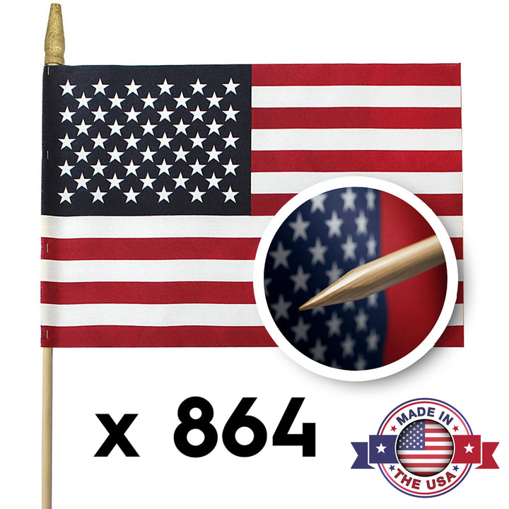Bulk U.S. Stick Flags 12x18 Inch - 3/8"x30" Dowel - Flattened Spearhead Tip for Safety and Pointed Bottom by USA Flag Co.