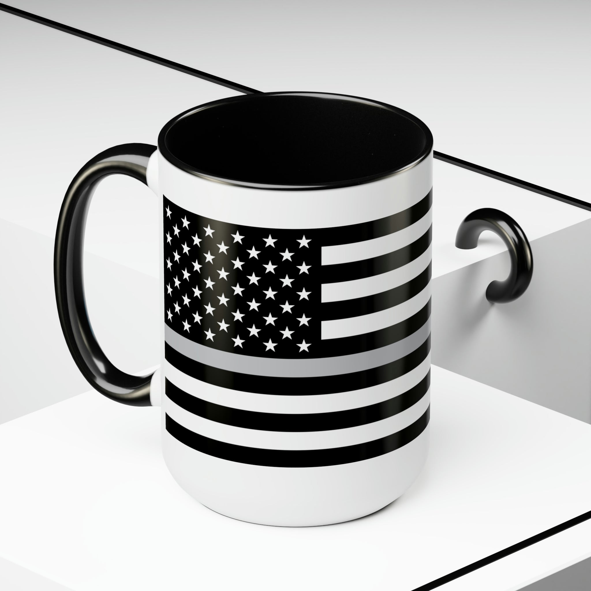 Two-Tone Thin Silver Line Flag Coffee Mugs, 15oz