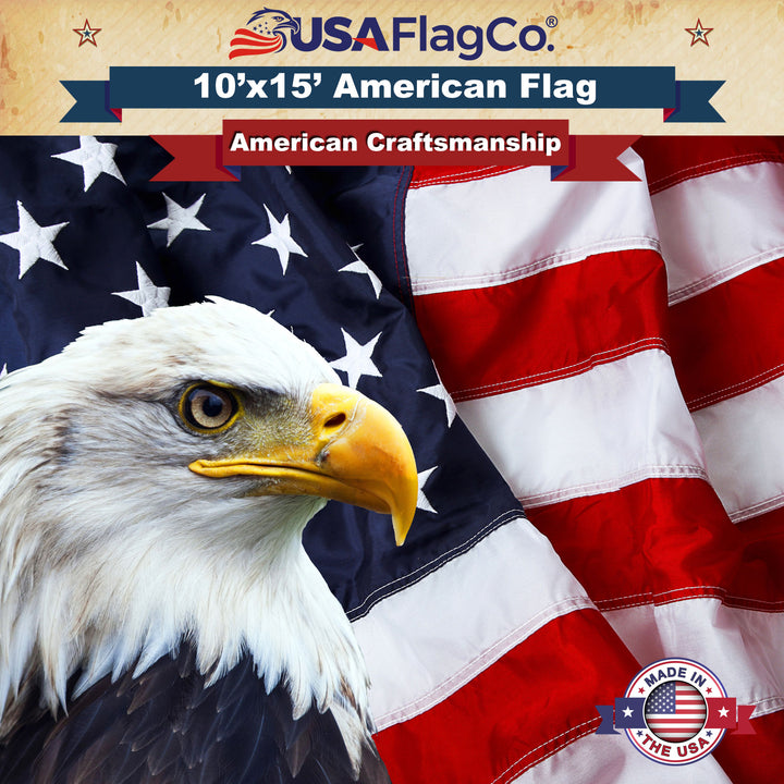 Vibrant colors of Made in USA 10x15 ft American flag with sewn stripes
